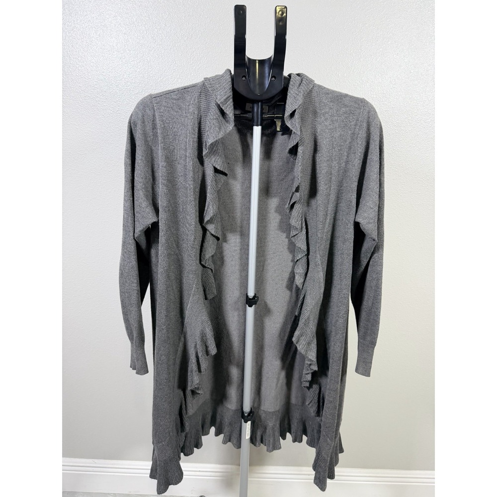 Anna Rose Waterfall Cardigan Sweater Womens S Gray Ribbed Tight Knit Ruffle Hem
